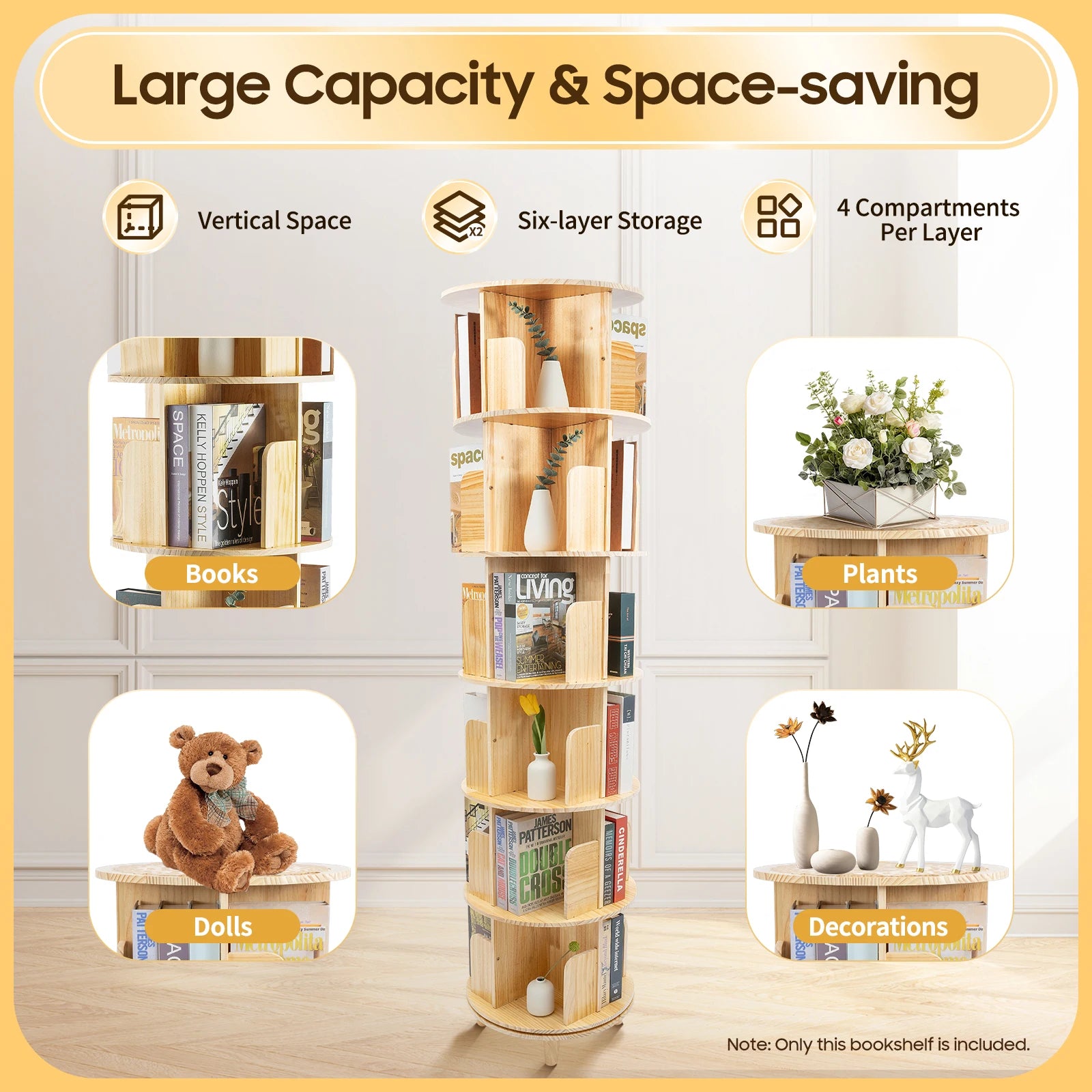 360° Rotating Bookshelf 6-Tier Kids Book Storage Organizer with Large Capacity for Living Room Study Nursery Wooden Freestanding