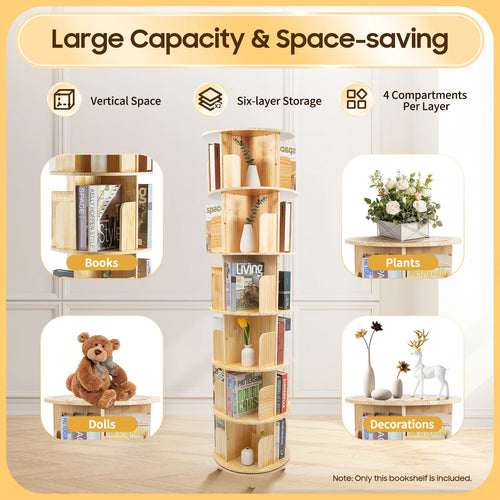 360° Rotating Bookshelf 6-Tier Kids Book Storage Organizer with Large Capacity for Living Room Study Nursery Wooden Freestanding