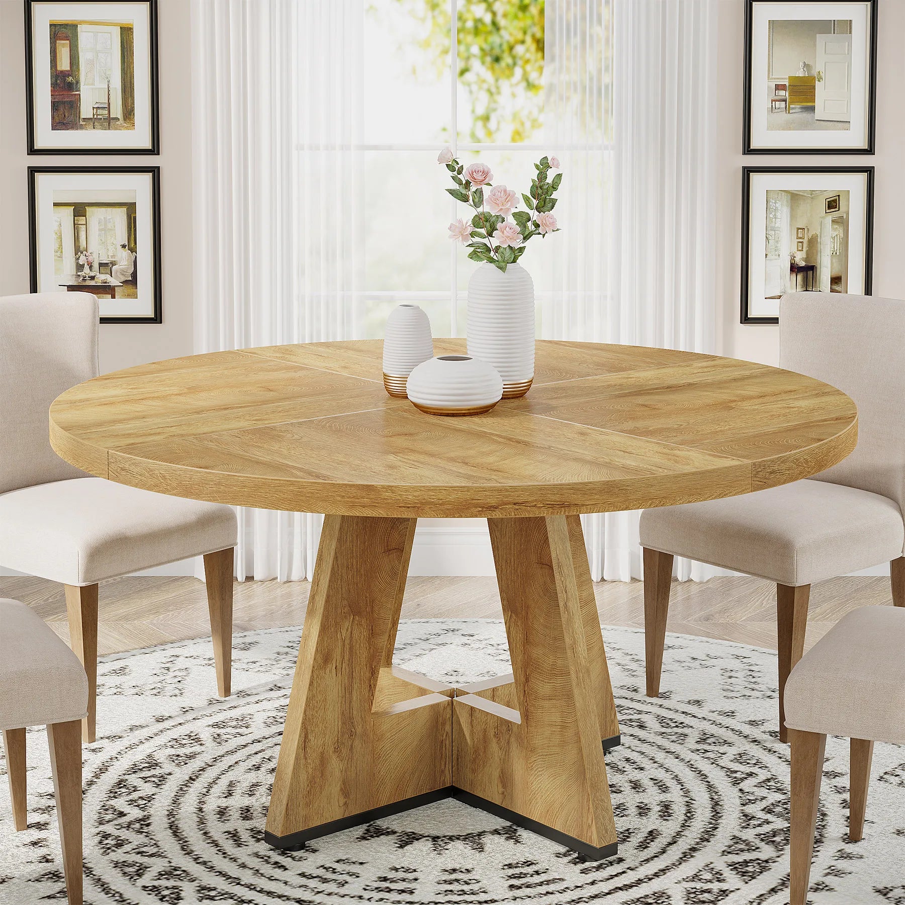 Tribesigns Round Dining Table for 4, 47 Inch Farmhouse Kitchen Table Small Dinner Table Kitchen Dinning Table for Dining Room