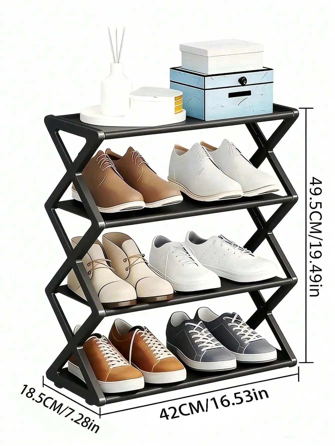 4-Tier Folding Shoe Rack | Space-Saving Storage Solution, X-Shaped Frame Plastic Organizer, Vintage Design, No Assembly Required, Suitable For Entryway, Closet, Kitchen, All-Season Durable Bookshelf ( Plastic Material)