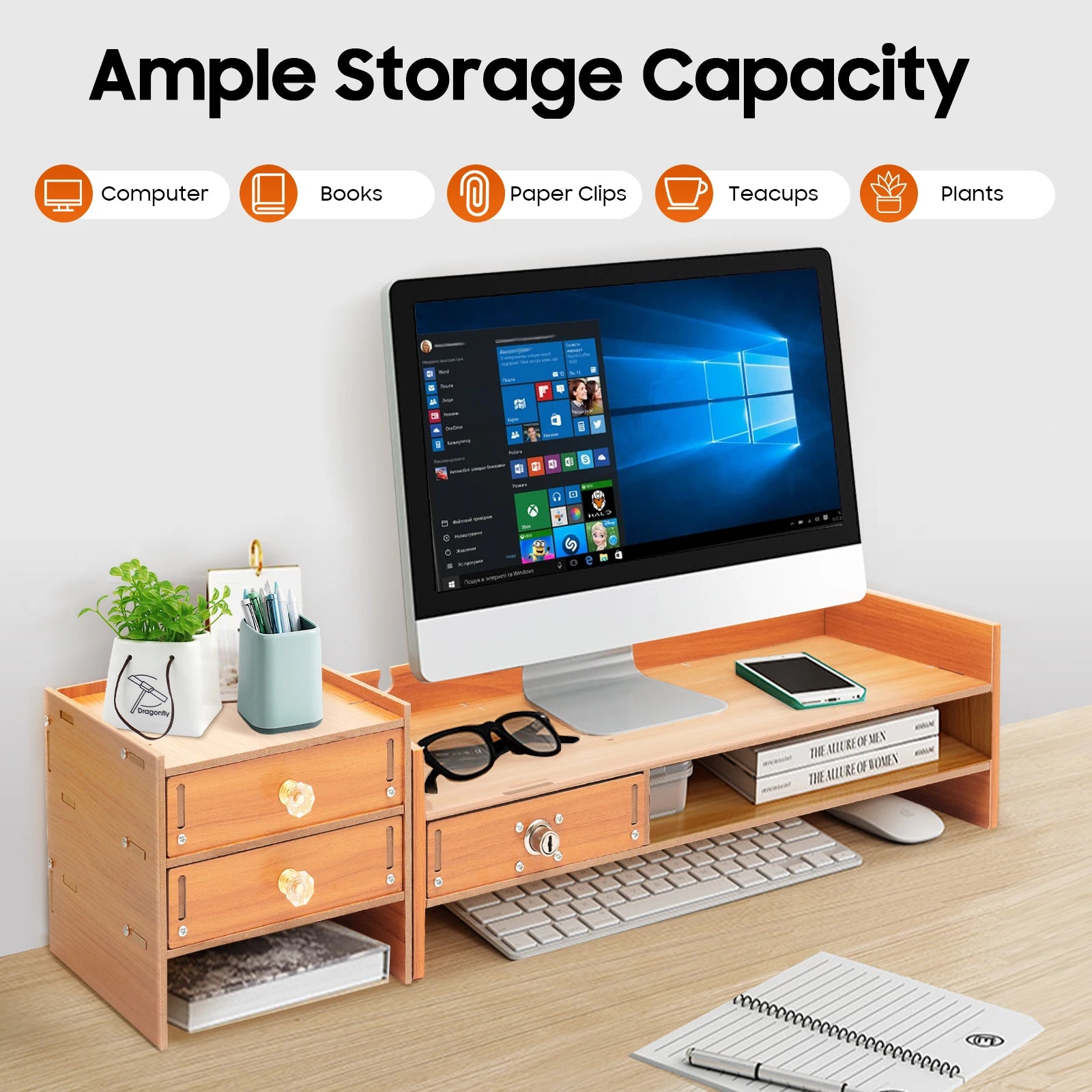 Computer Monitor Stand with Drawers & Keys & Phone Holder, Loading 5KG Computer Rack, Monitor Stand 48*20*13.5cm