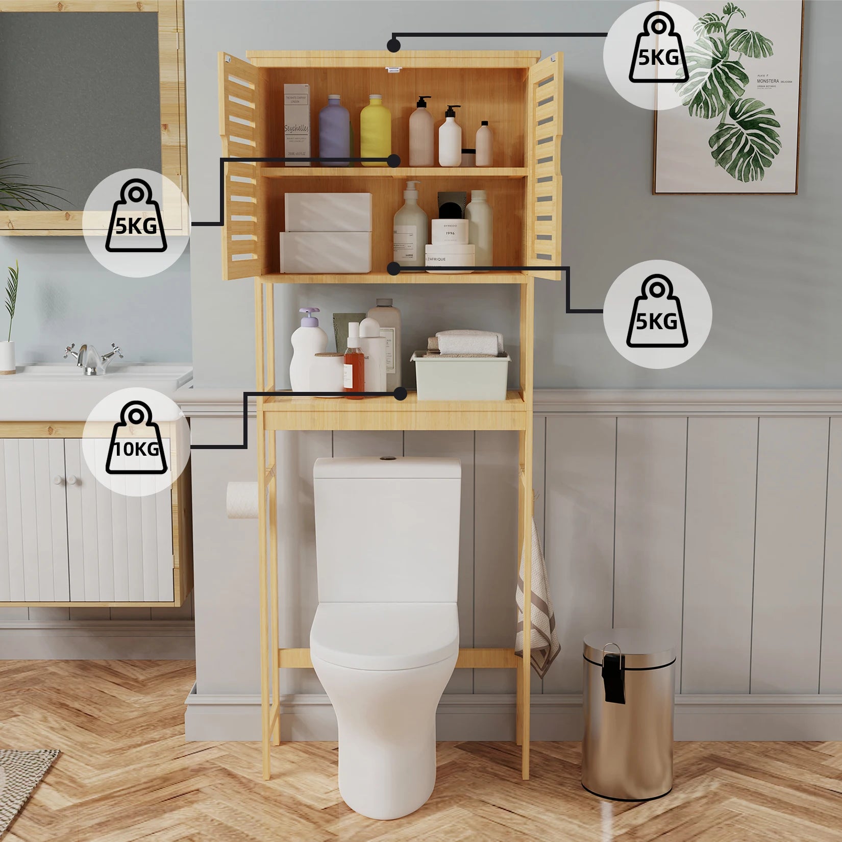 Over-the-Toilet Bathroom Storage Cabinet Bamboo Tall Organizer Rack Free Standing