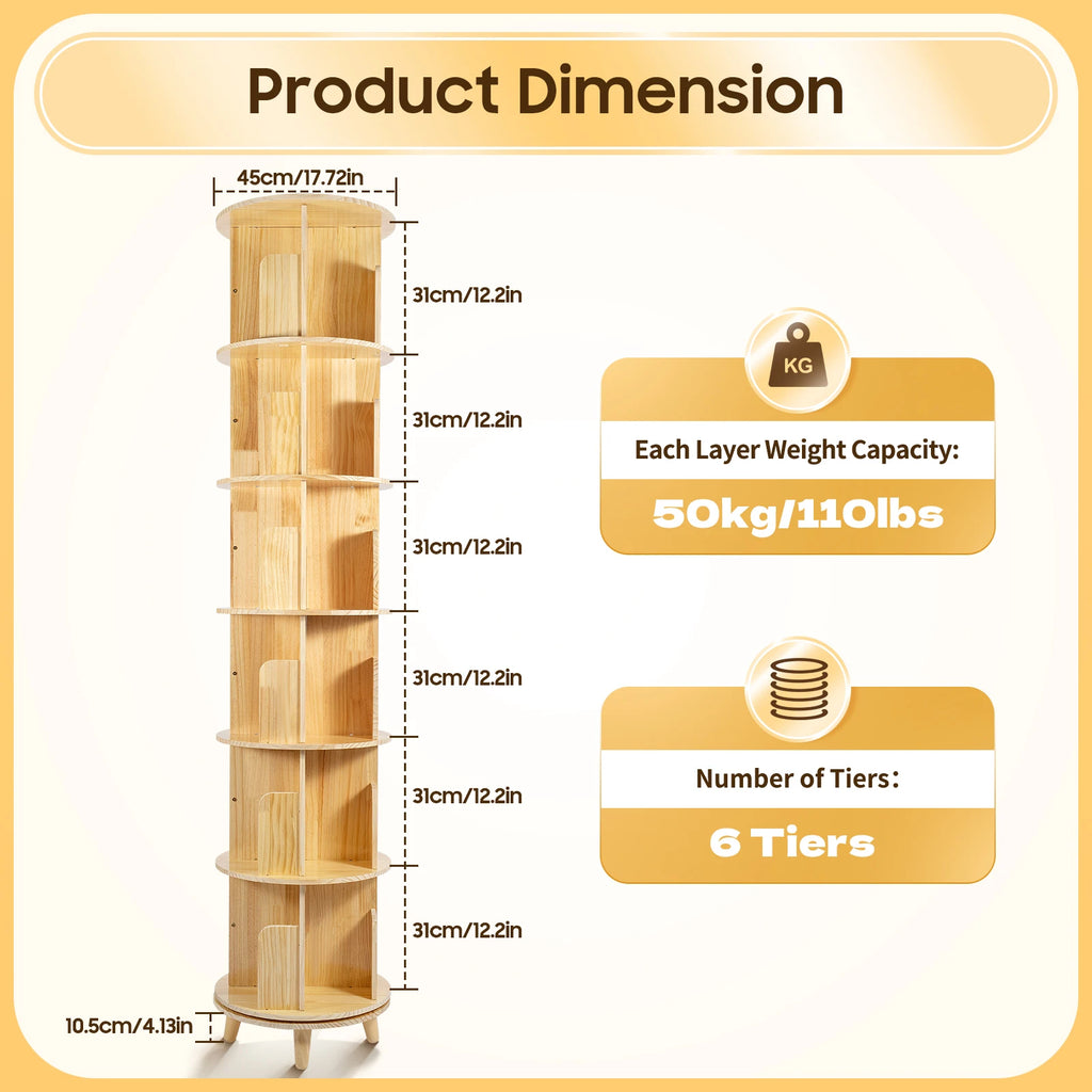 360° Rotating Bookshelf 6-Tier Kids Book Storage Organizer with Large Capacity for Living Room Study Nursery Wooden Freestanding