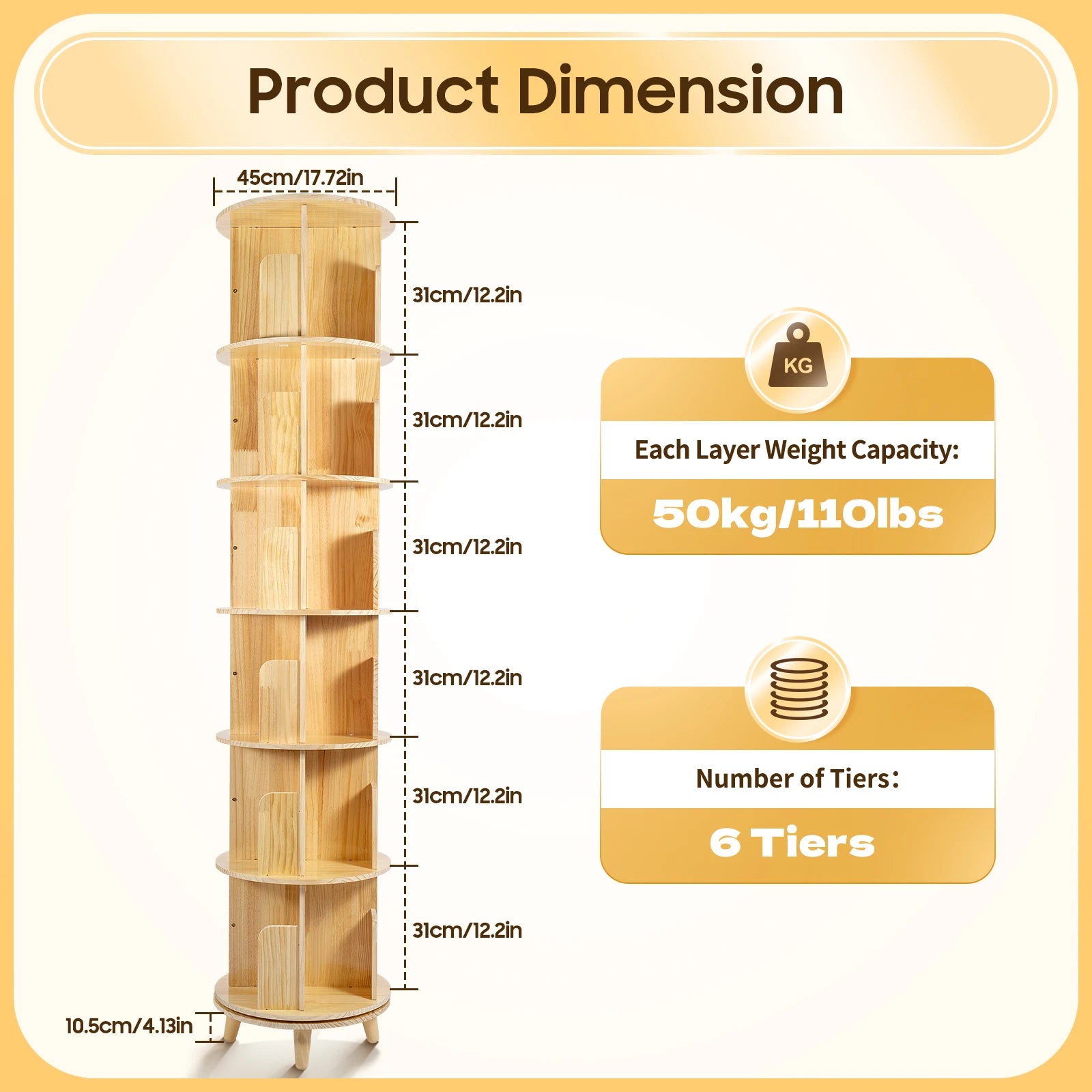 360° Rotating Bookshelf 6-Tier Kids Book Storage Organizer with Large Capacity for Living Room Study Nursery Wooden Freestanding