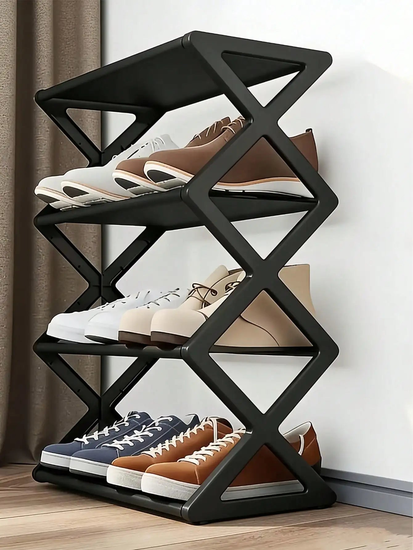 4-Tier Folding Shoe Rack | Space-Saving Storage Solution, X-Shaped Frame Plastic Organizer, Vintage Design, No Assembly Required, Suitable For Entryway, Closet, Kitchen, All-Season Durable Bookshelf ( Plastic Material)